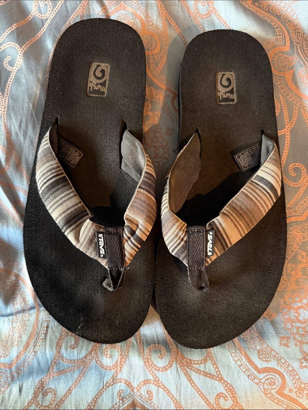 Teva Black Sandals with Brown Striped Fabric Straps